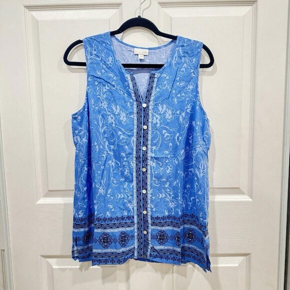 J Jill Women’s Blue Scoop Neck Floral Button Front Sleeveless Split Hem Blouse L - Picture 2 of 9
